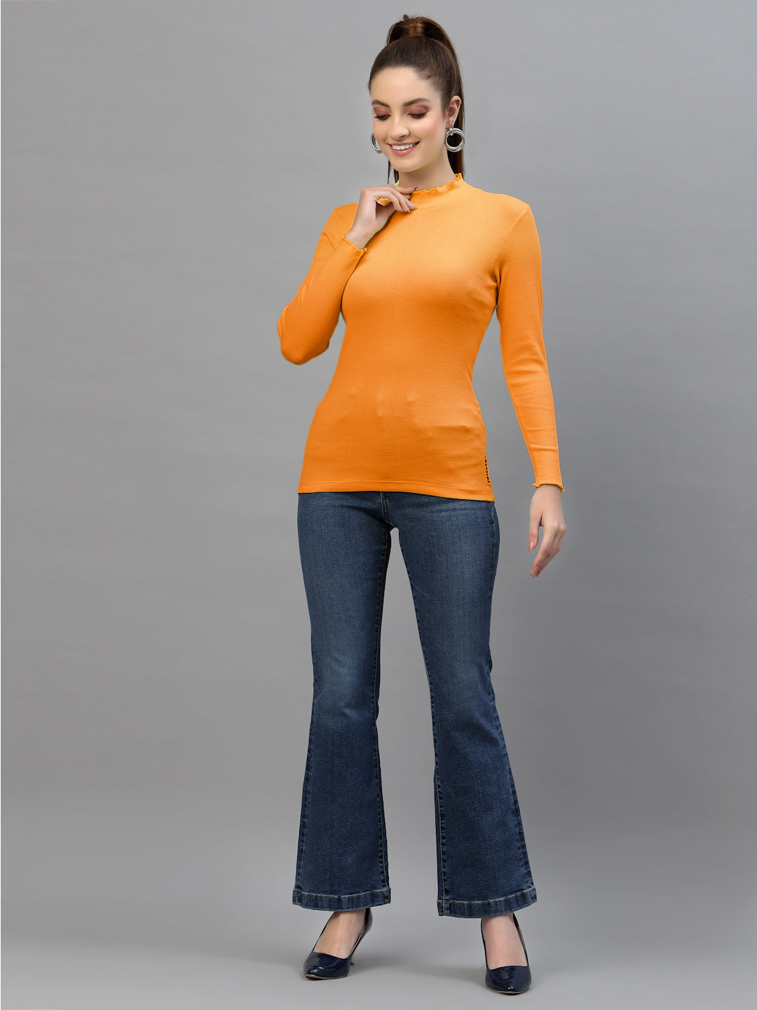 Women Solid Fitted High Neck Full Sleeve Top - Friskers