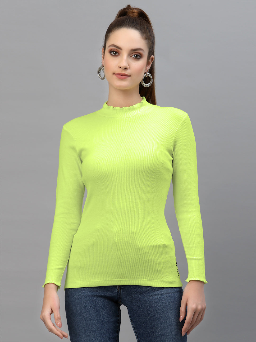 Women Solid Fitted High Neck Full Sleeve Top - Friskers