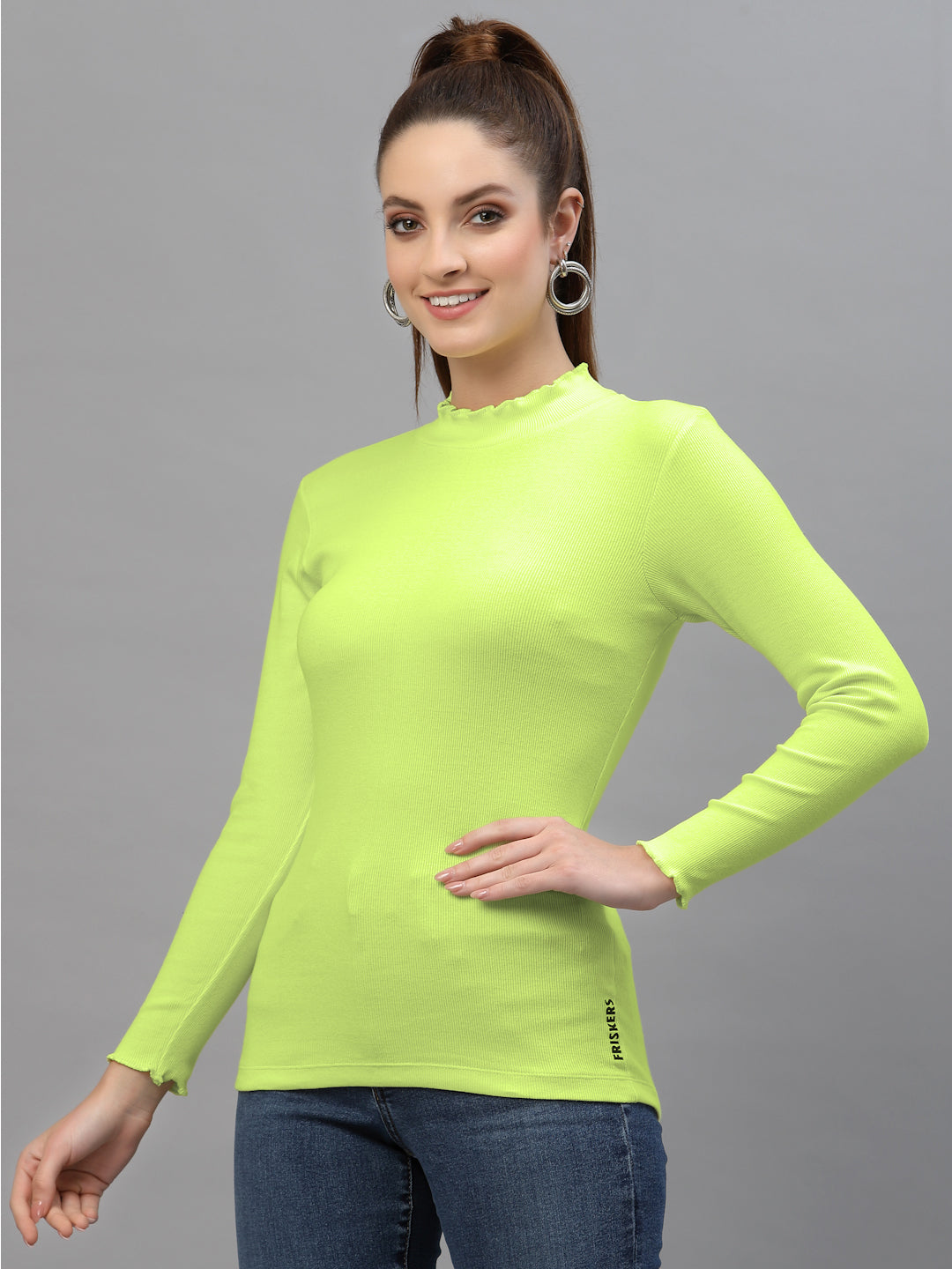 Women Solid Fitted High Neck Full Sleeve Top - Friskers