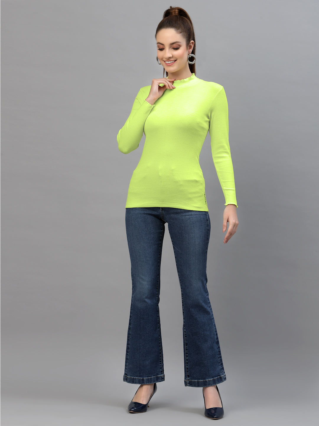 Women Solid Fitted High Neck Full Sleeve Top - Friskers