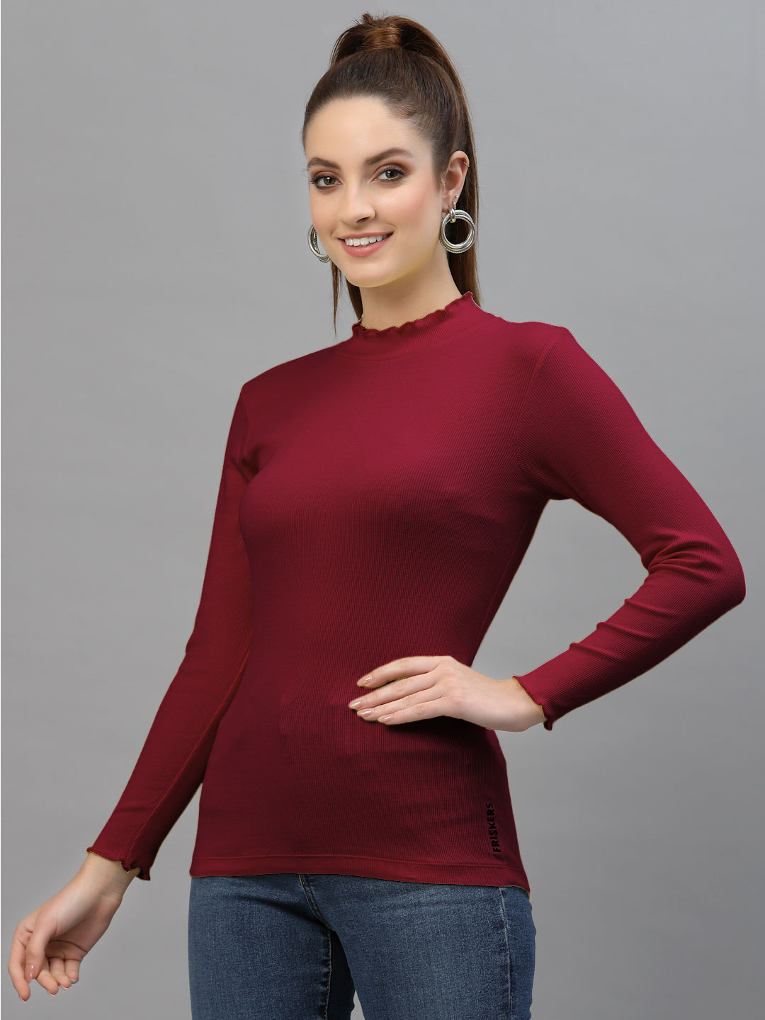 Women Solid Fitted High Neck Full Sleeve Top - Friskers