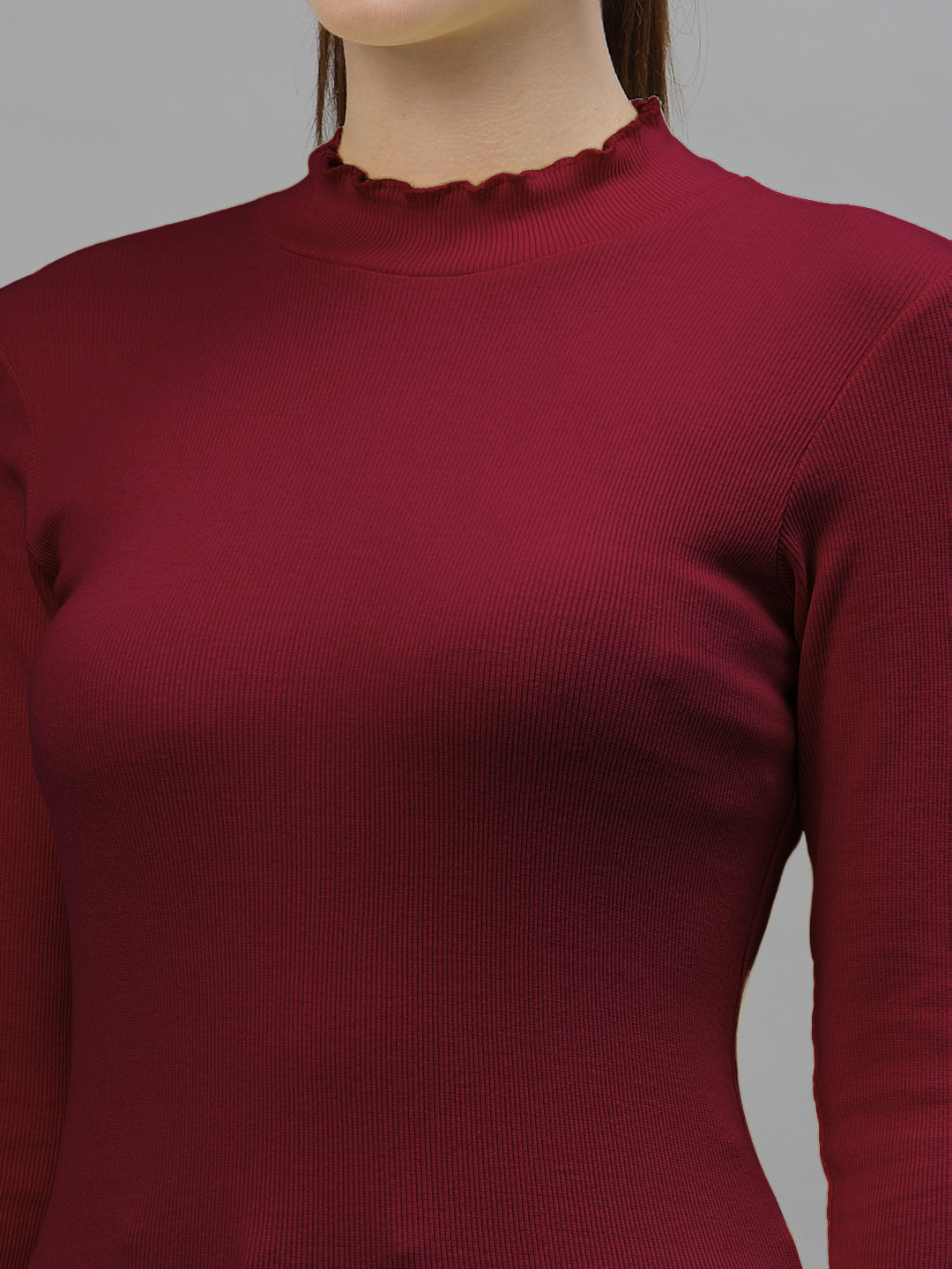 Women Solid Fitted High Neck Full Sleeve Top - Friskers