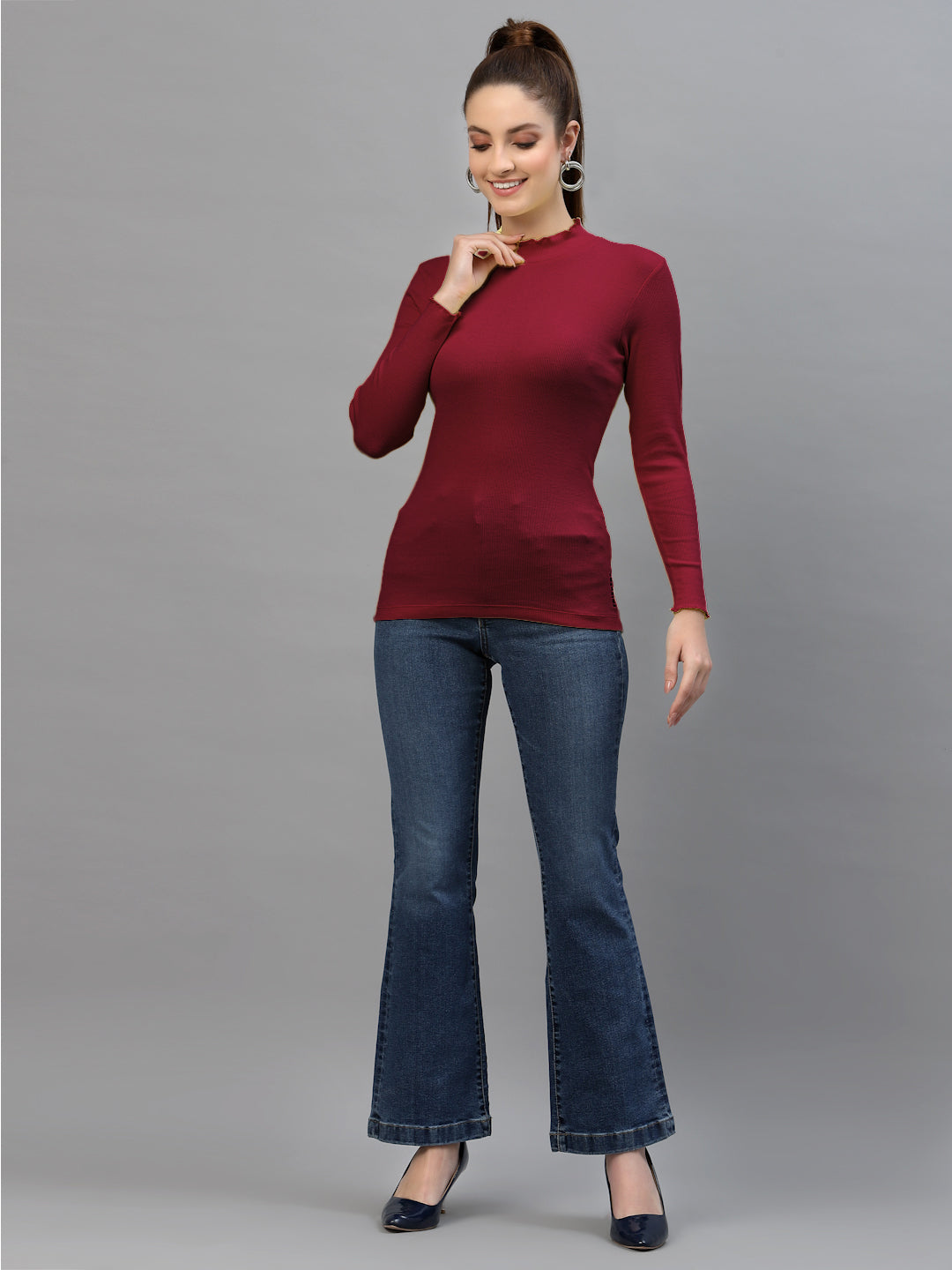 Women Solid Fitted High Neck Full Sleeve Top - Friskers