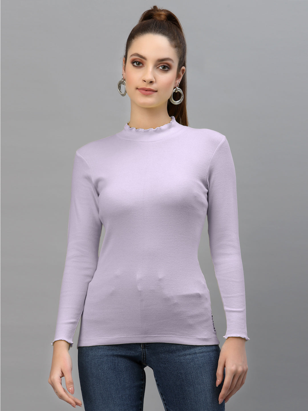 Women Solid Fitted High Neck Full Sleeve Top - Friskers