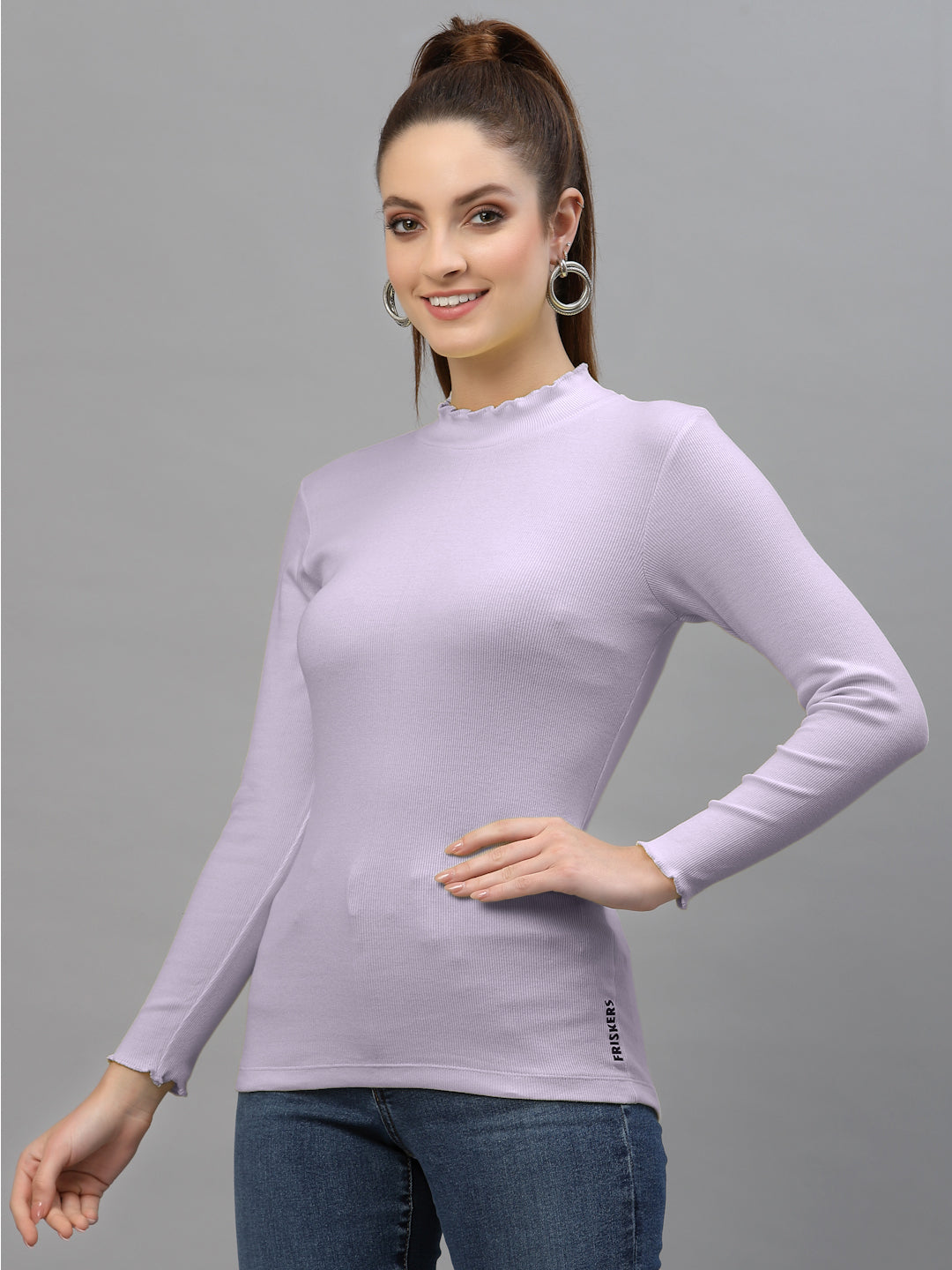 Women Solid Fitted High Neck Full Sleeve Top - Friskers
