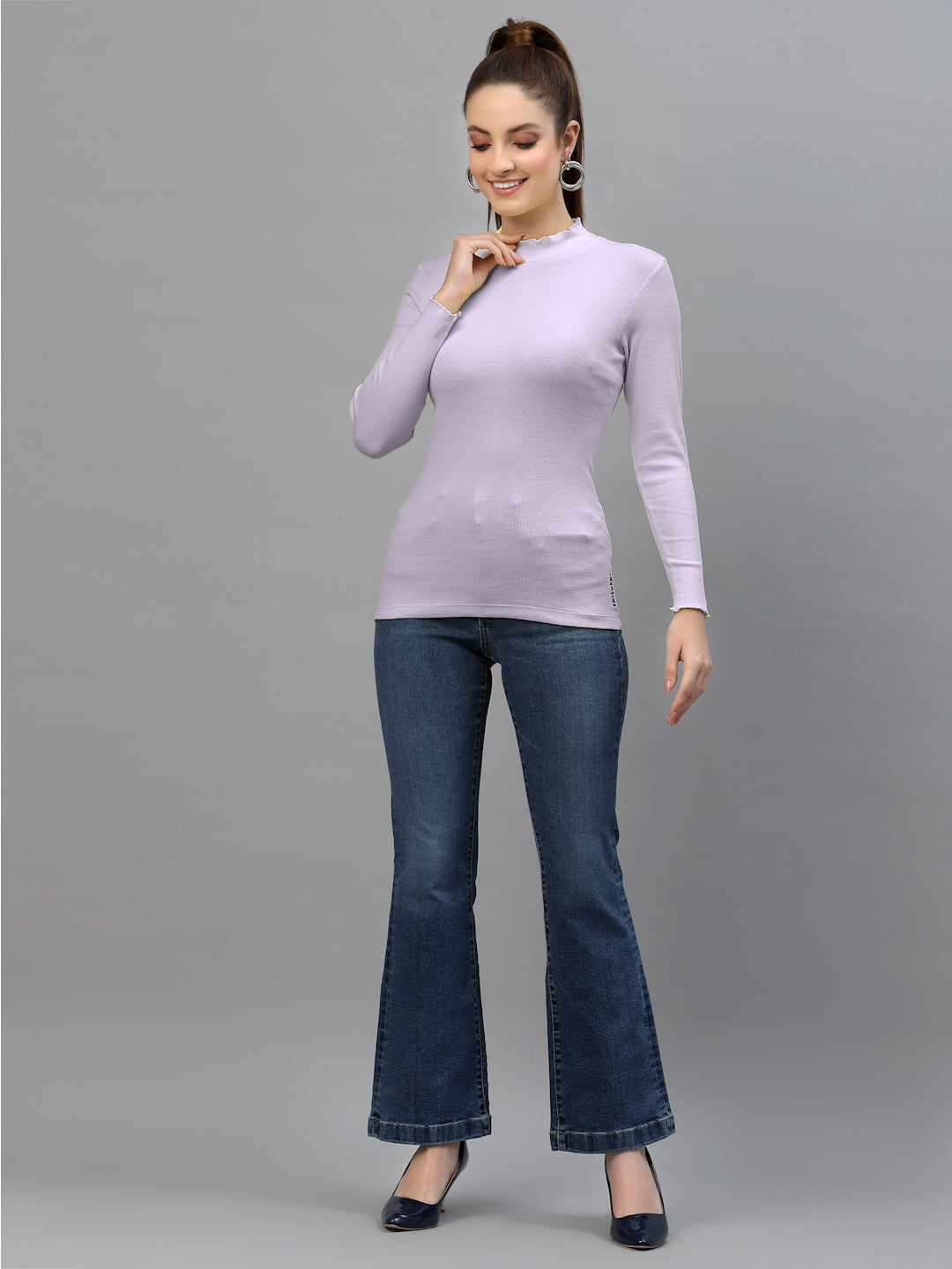 Women Solid Fitted High Neck Full Sleeve Top - Friskers
