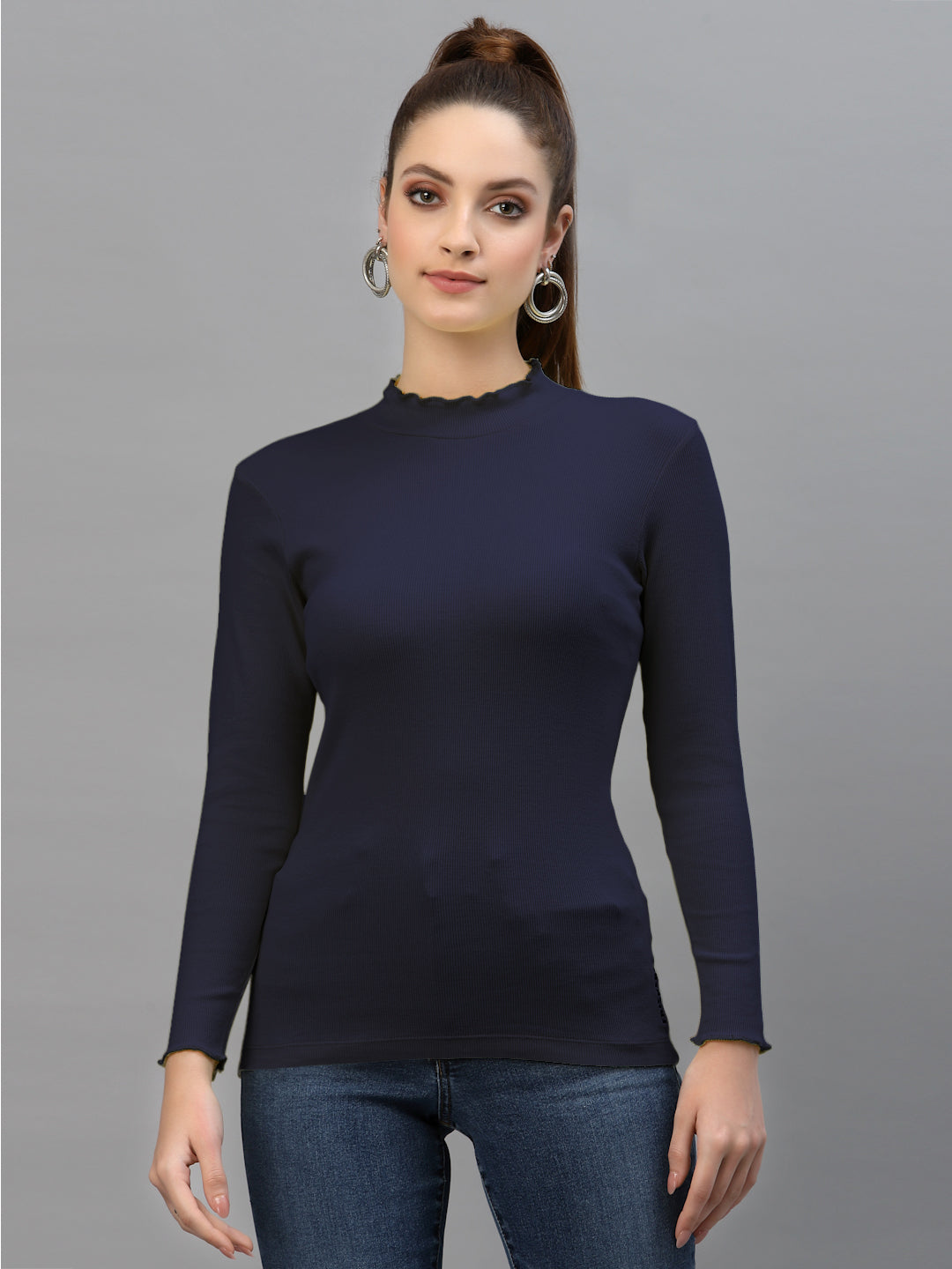 Women Solid Fitted High Neck Full Sleeve Top - Friskers