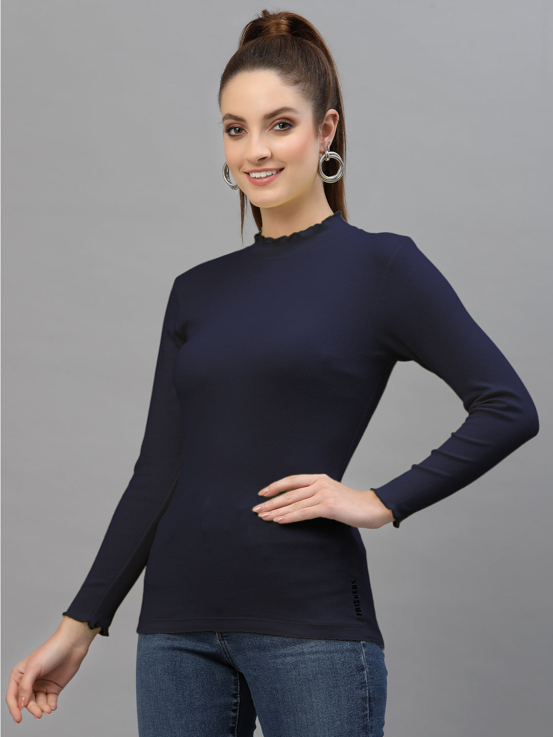 Women Solid Fitted High Neck Full Sleeve Top - Friskers