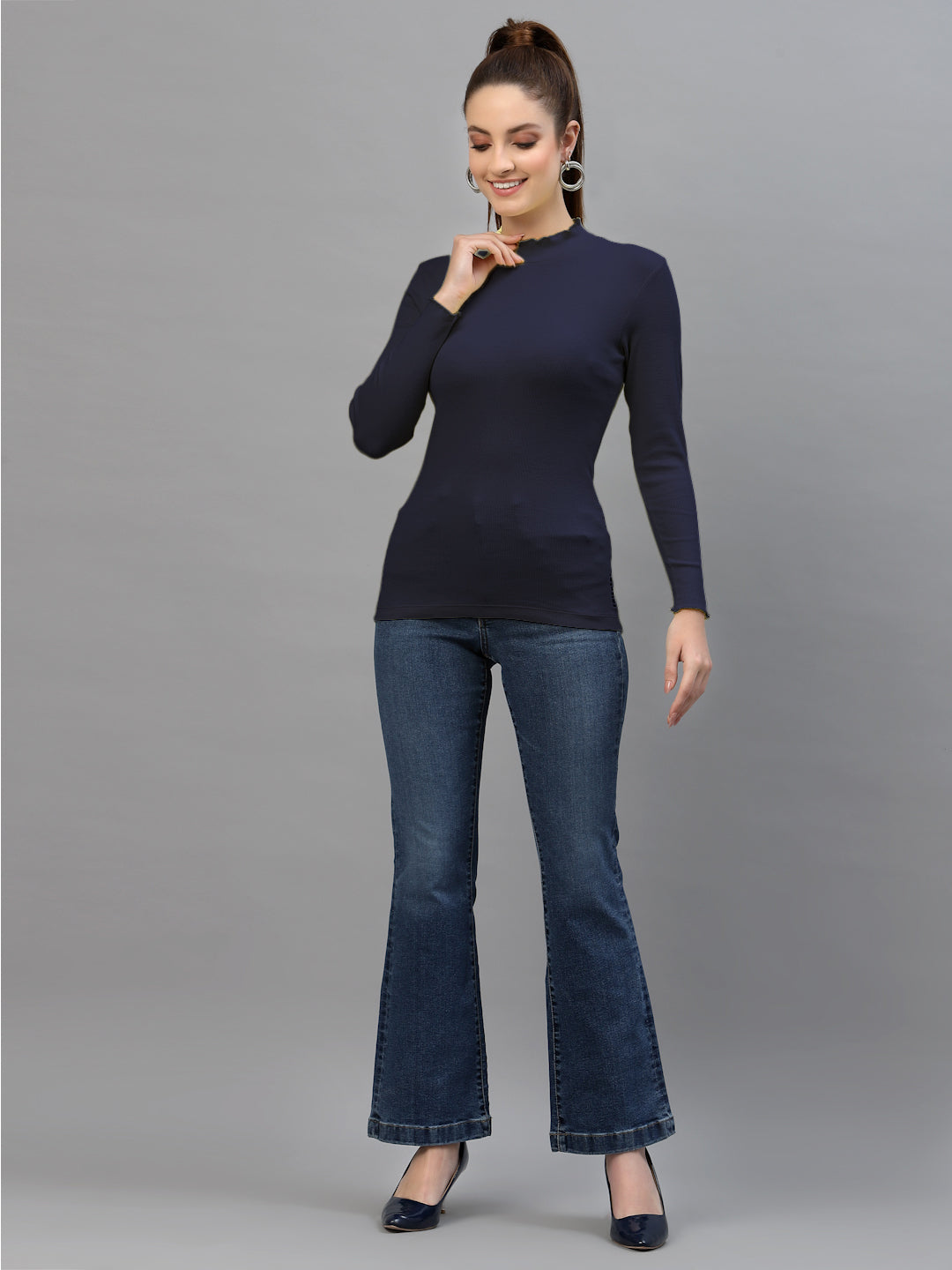 Women Solid Fitted High Neck Full Sleeve Top - Friskers