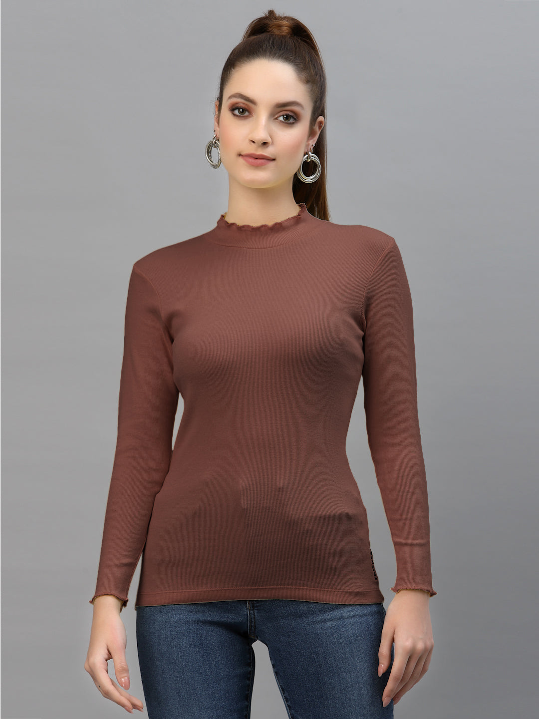 Women Solid Fitted High Neck Full Sleeve Top - Friskers