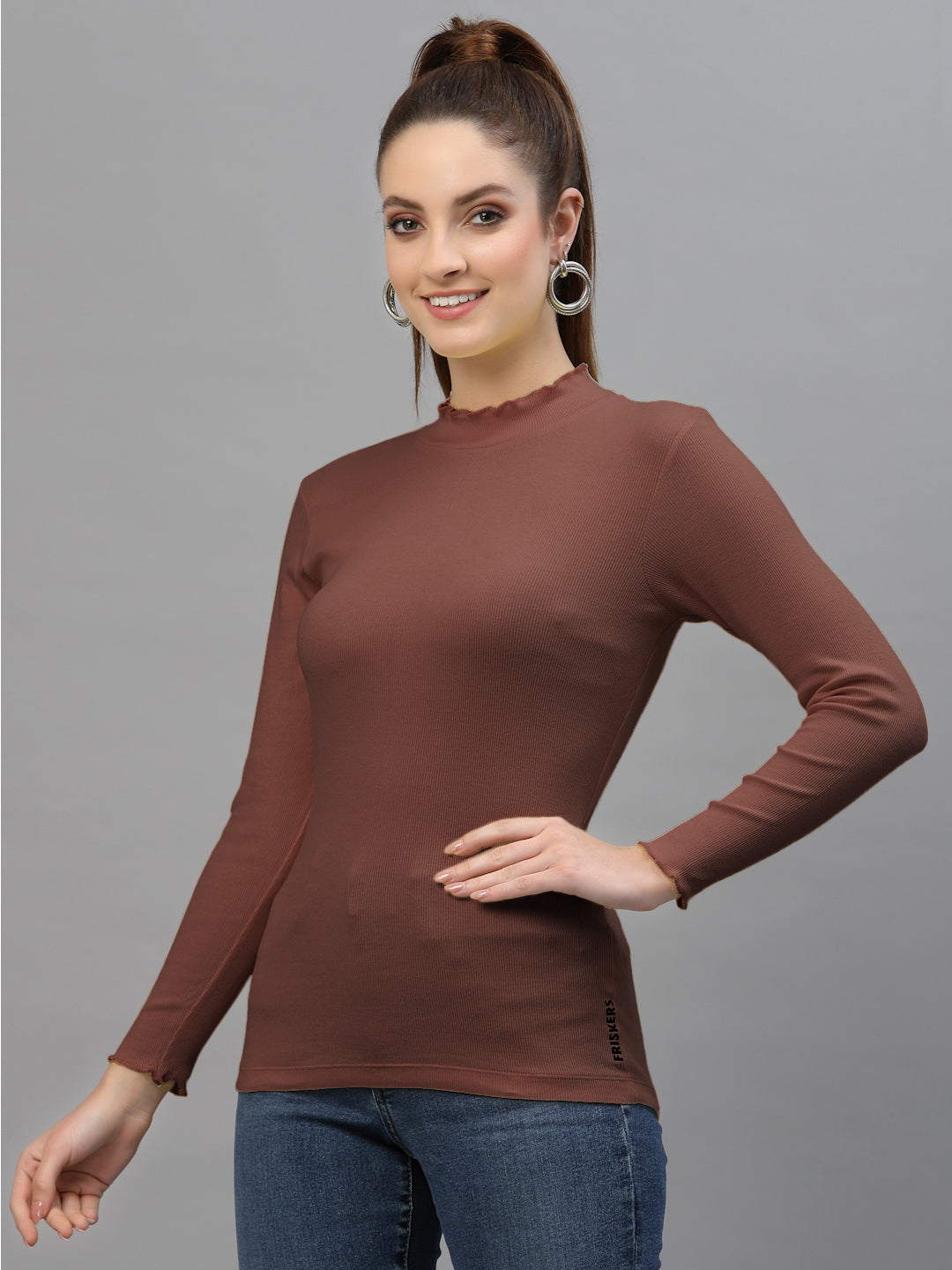 Women Solid Fitted High Neck Full Sleeve Top - Friskers