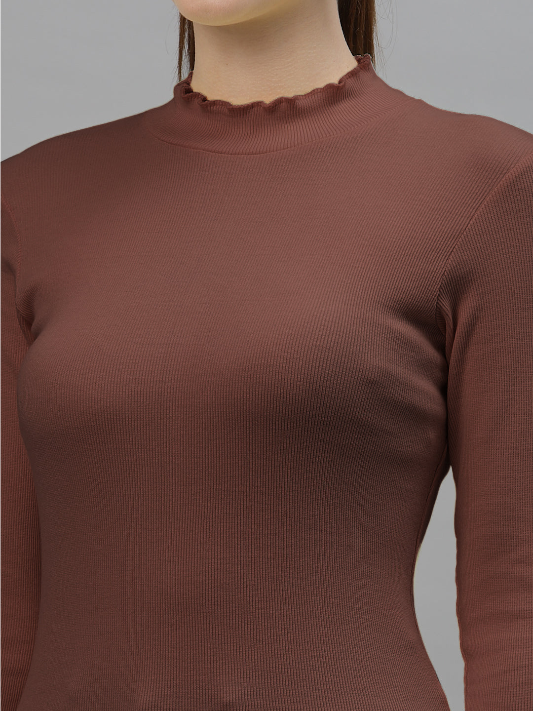 Women Solid Fitted High Neck Full Sleeve Top - Friskers