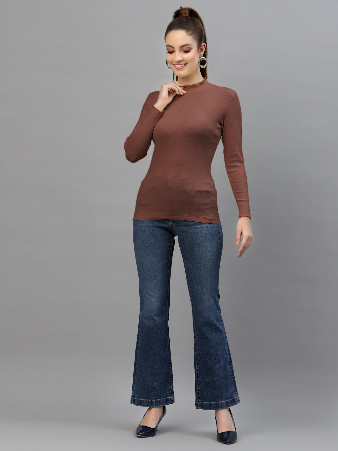Women Solid Fitted High Neck Full Sleeve Top - Friskers