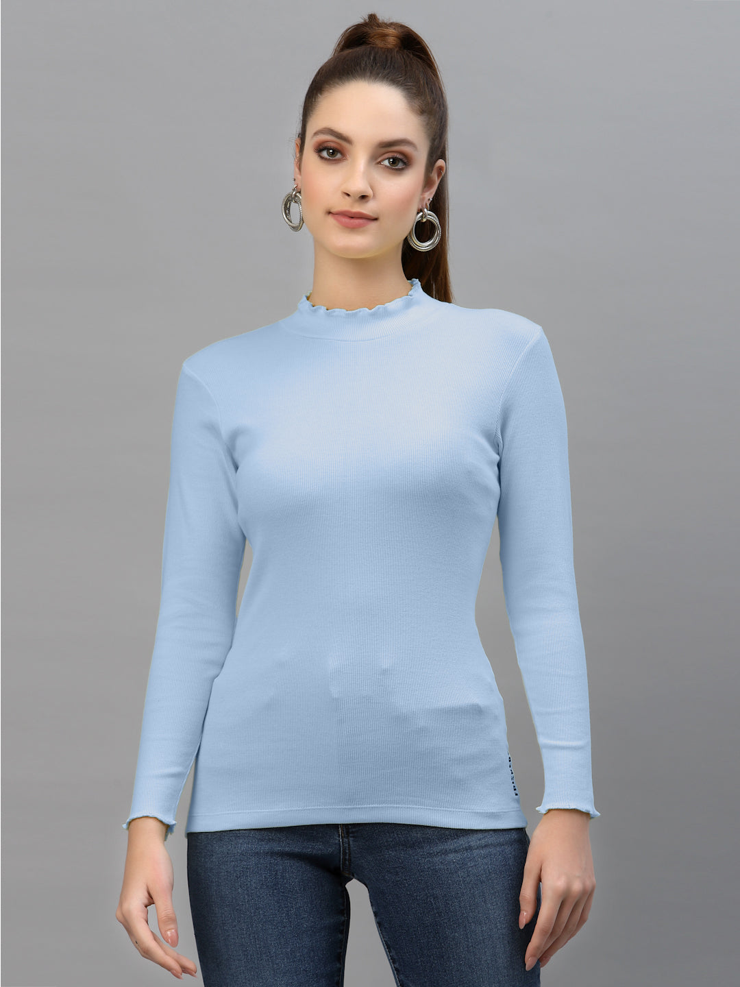 Women Solid Fitted High Neck Full Sleeve Top - Friskers