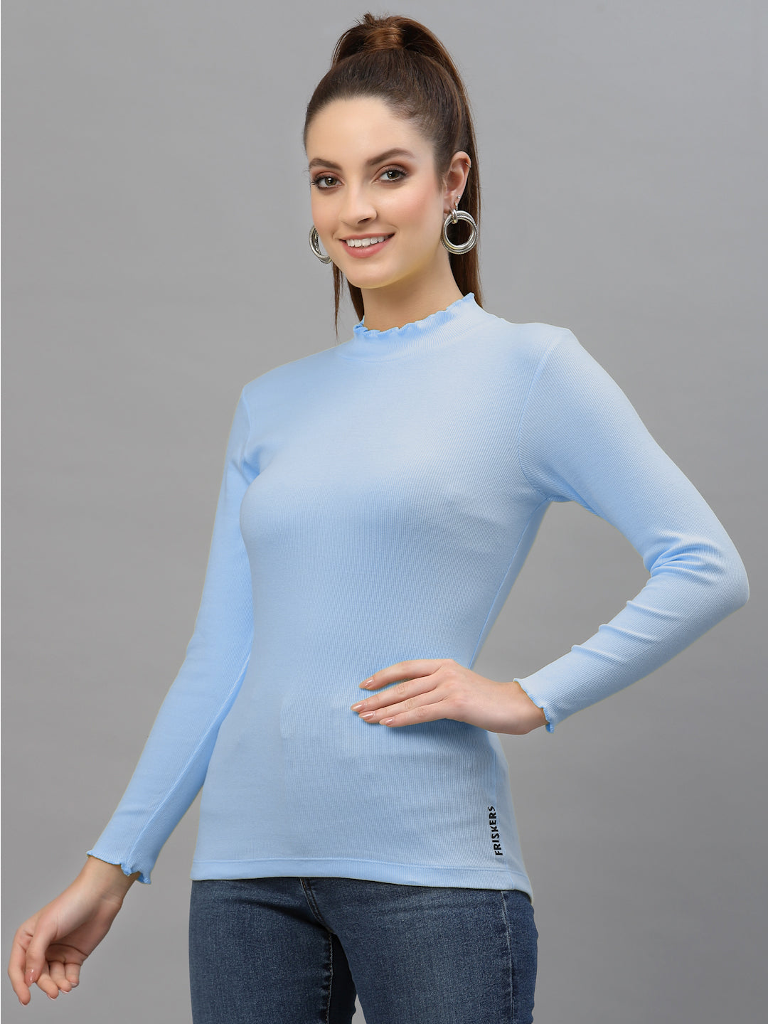 Women Solid Fitted High Neck Full Sleeve Top - Friskers