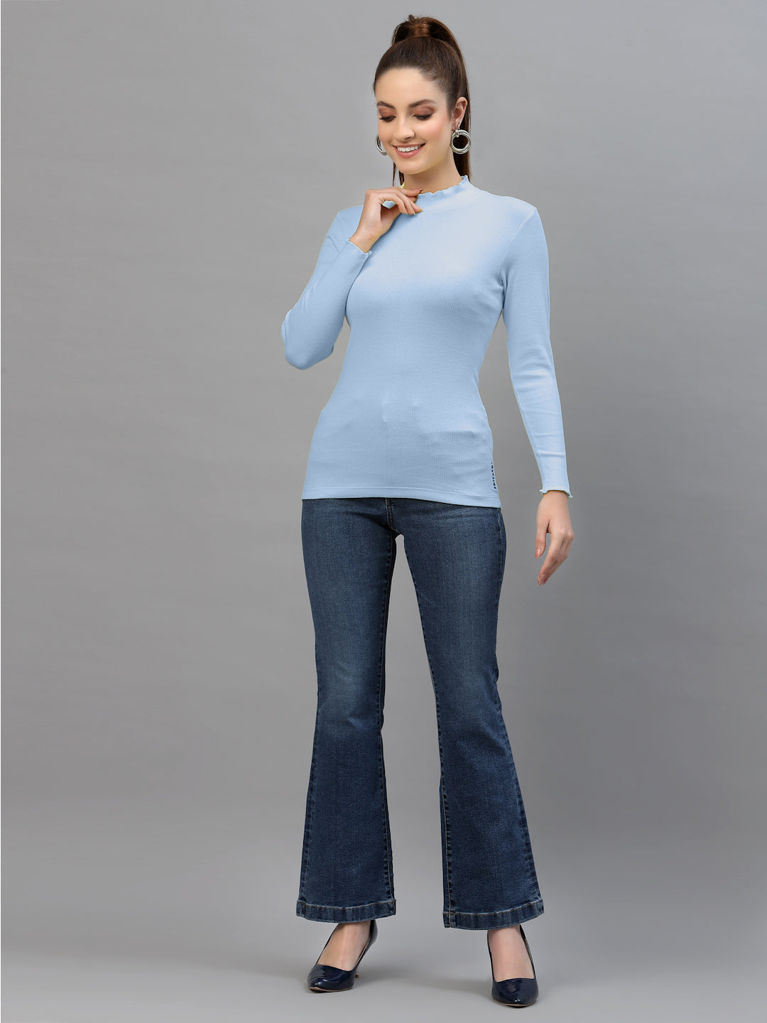 Women Solid Fitted High Neck Full Sleeve Top - Friskers