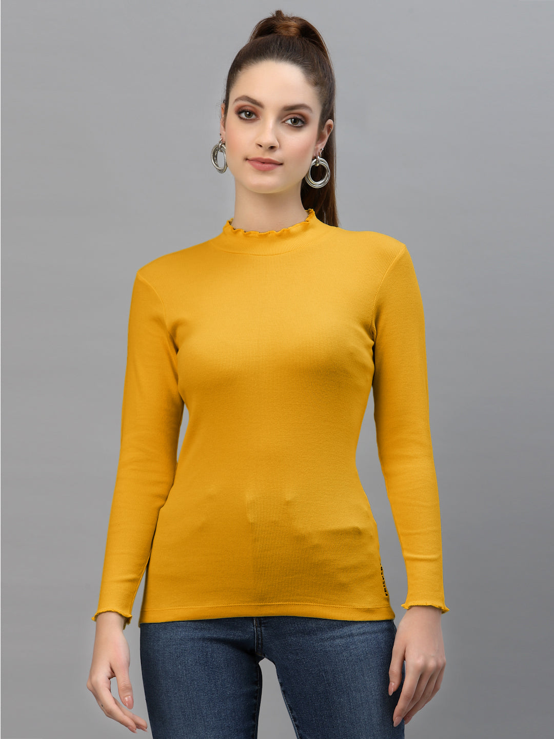 Women Solid Fitted High Neck Full Sleeve Top - Friskers