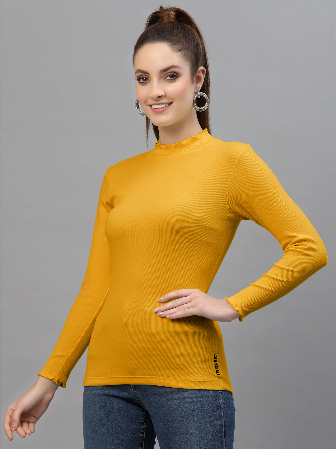 Women Solid Fitted High Neck Full Sleeve Top - Friskers