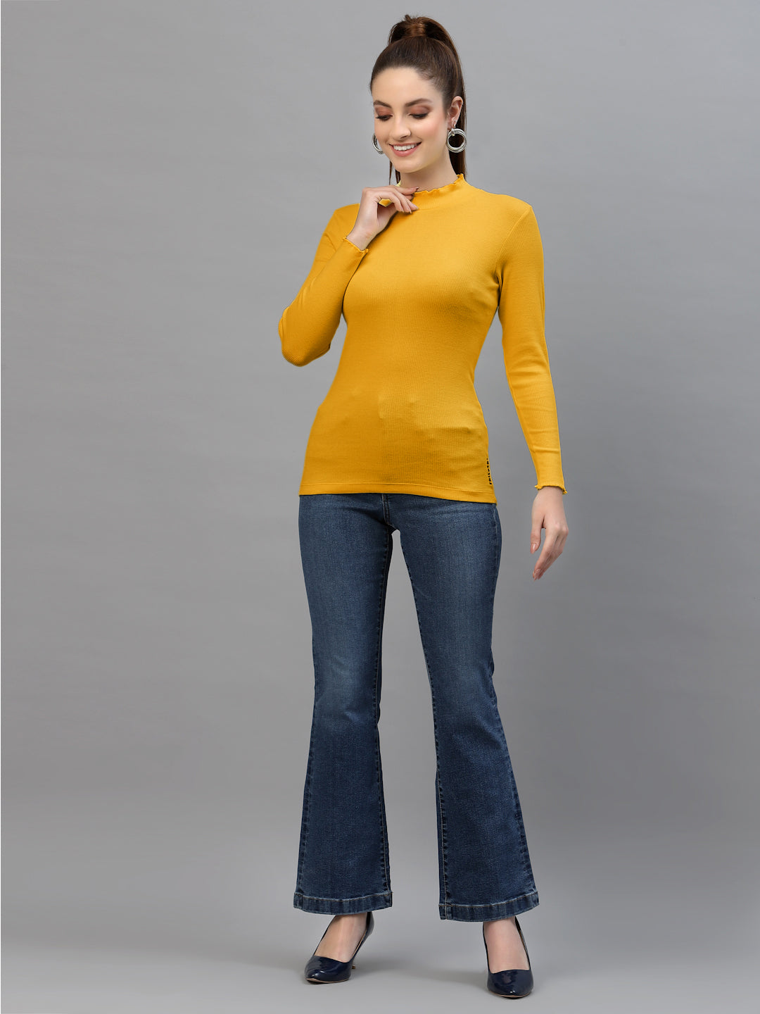 Women Solid Fitted High Neck Full Sleeve Top - Friskers