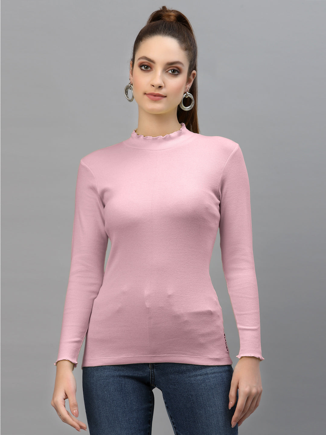 Women Solid Fitted High Neck Full Sleeve Top - Friskers