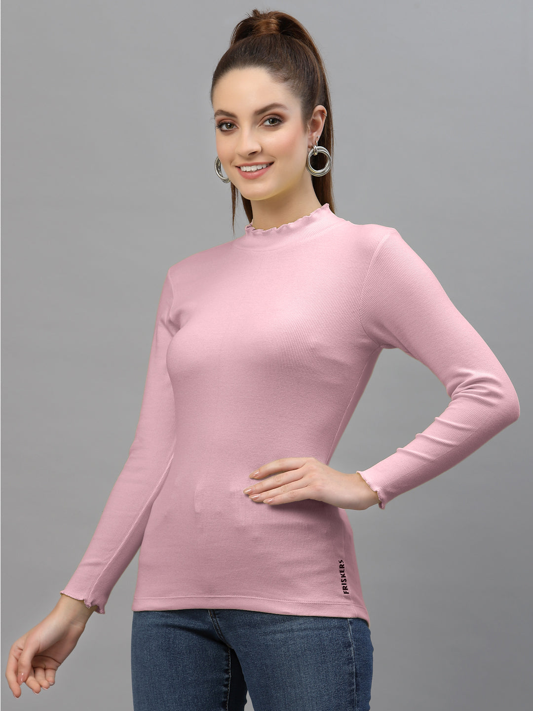 Women Solid Fitted High Neck Full Sleeve Top - Friskers