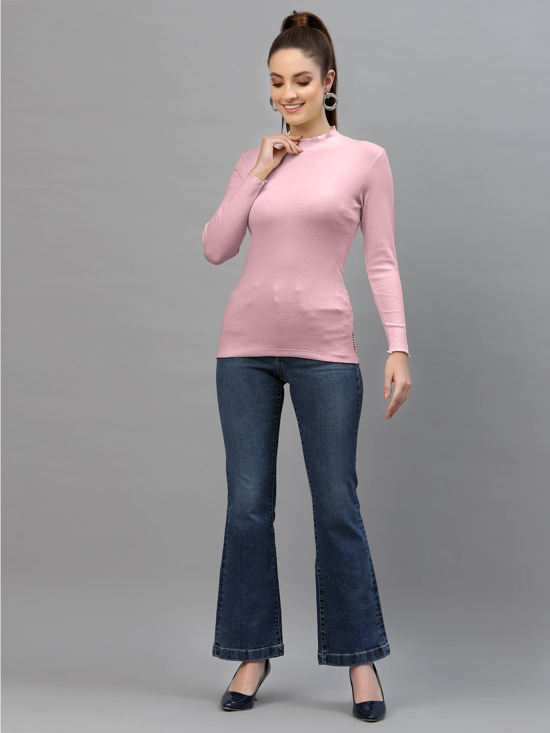 Women Solid Fitted High Neck Full Sleeve Top - Friskers