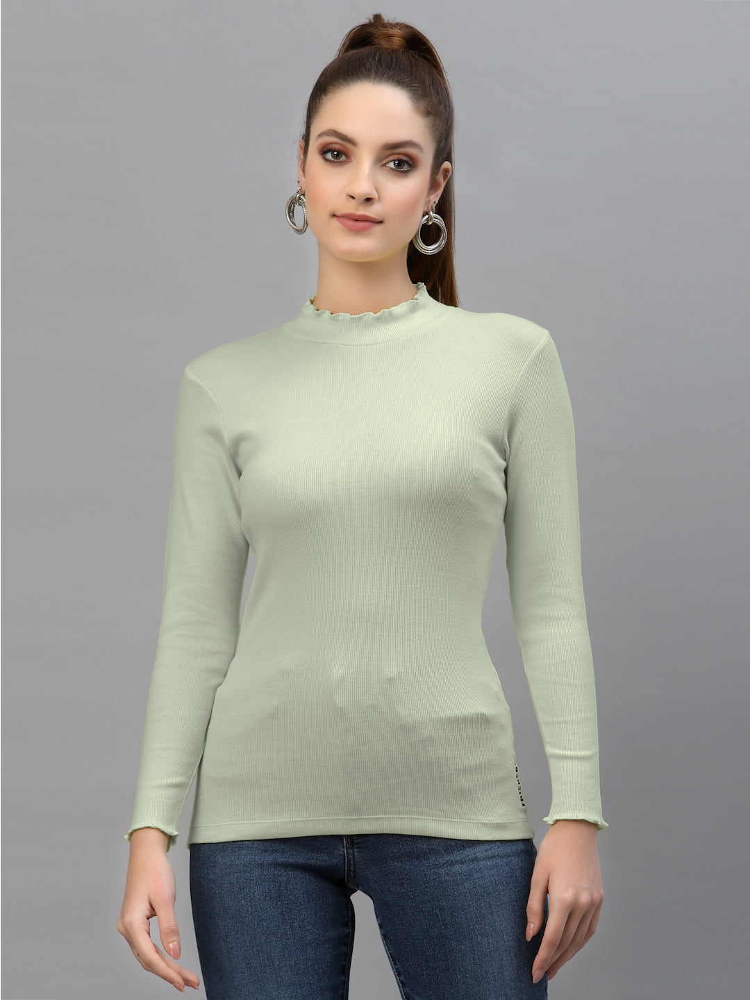 Women Solid Fitted High Neck Full Sleeve Top - Friskers