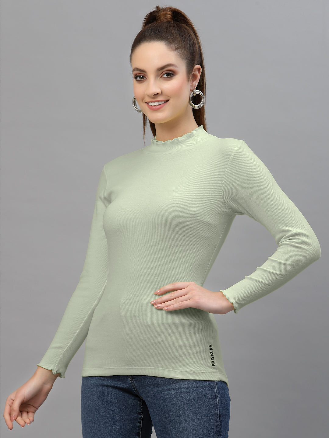 Women Solid Fitted High Neck Full Sleeve Top - Friskers