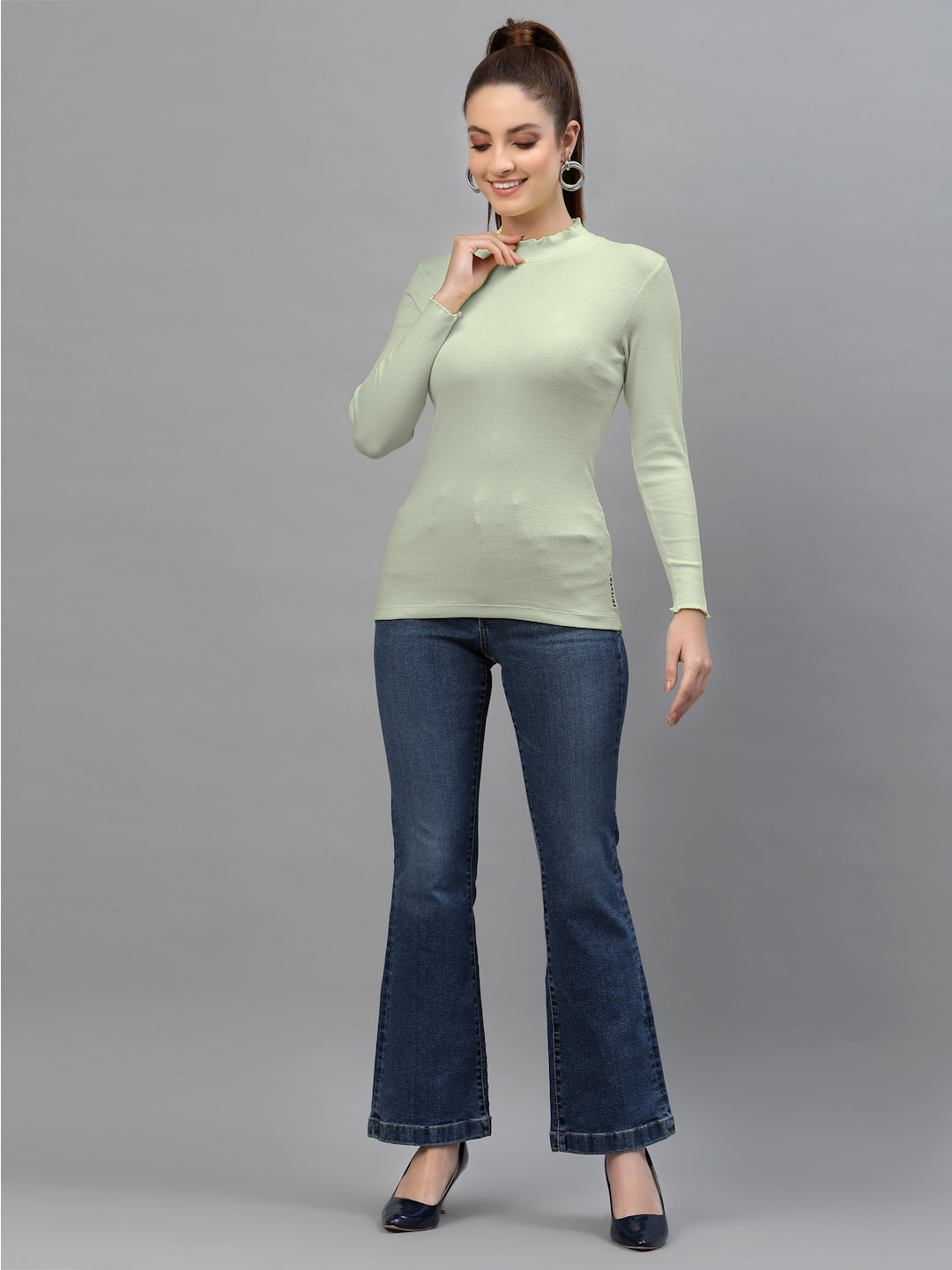 Women Solid Fitted High Neck Full Sleeve Top - Friskers