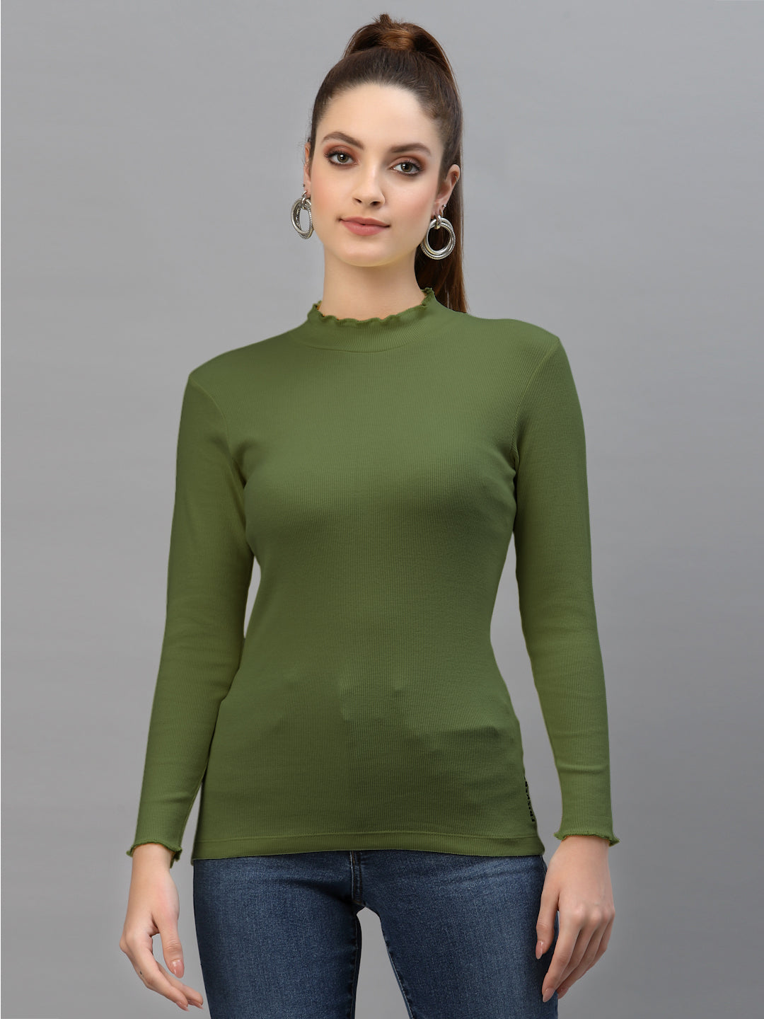 Women Solid Fitted High Neck Full Sleeve Top - Friskers