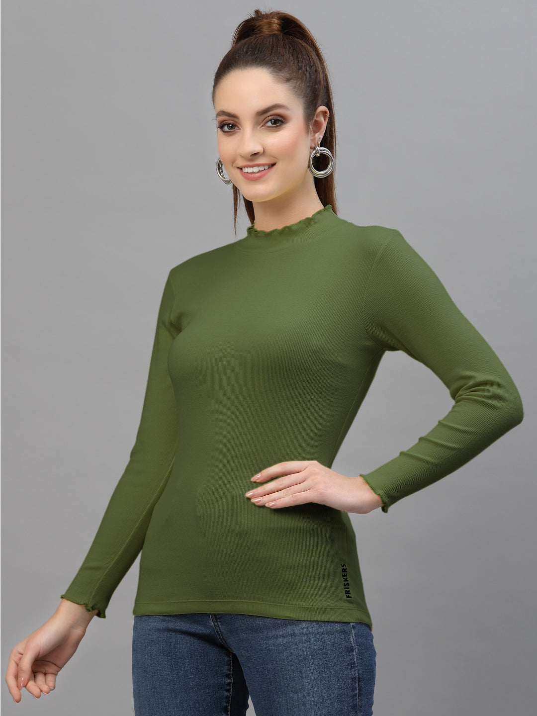 Women Solid Fitted High Neck Full Sleeve Top - Friskers
