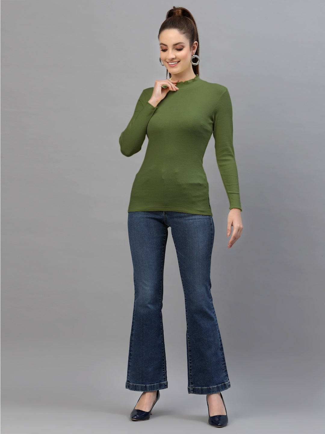 Women Solid Fitted High Neck Full Sleeve Top - Friskers