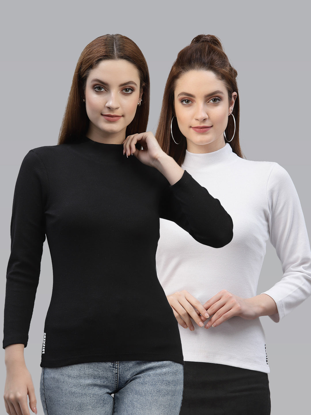 Women Pack Of 2 High Neck Full Sleeves Fitted Cotton Top - Friskers