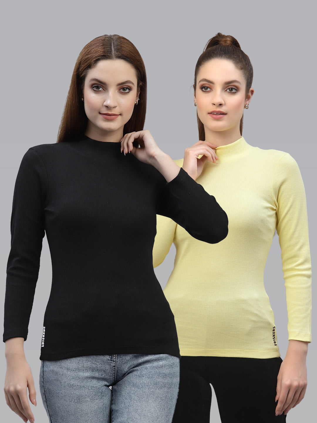 Women Pack Of 2 High Neck Full Sleeves Fitted Cotton Top - Friskers