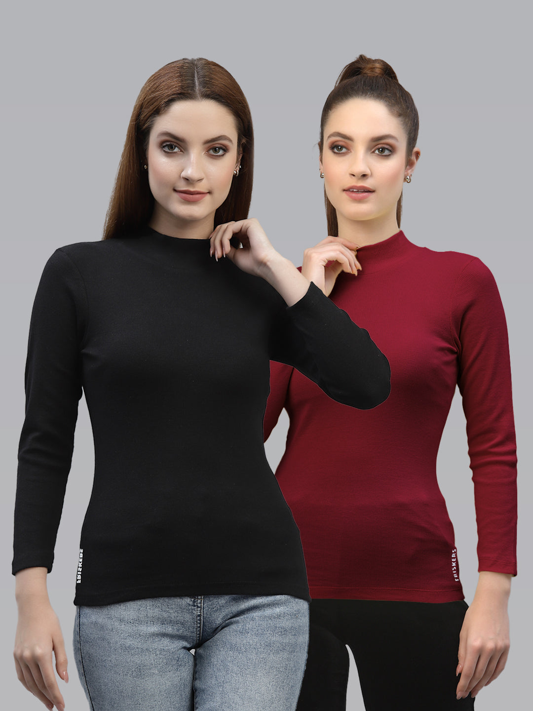 Women Pack Of 2 High Neck Full Sleeves Fitted Cotton Top - Friskers