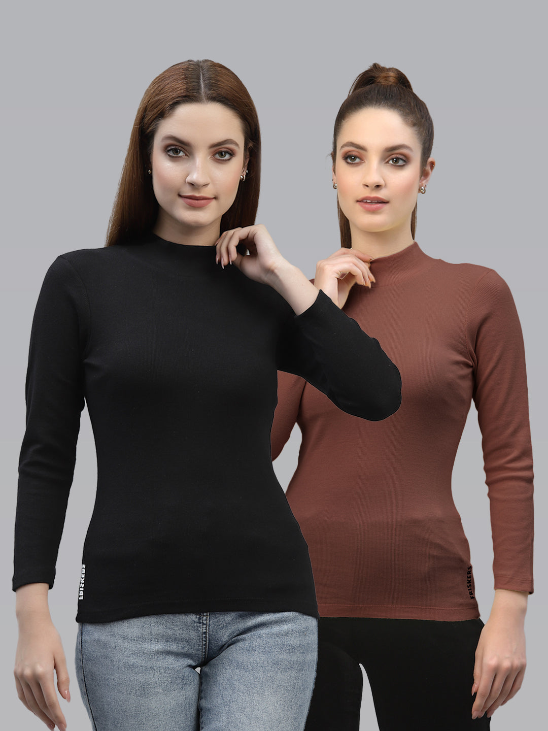 Women Pack Of 2 High Neck Full Sleeves Fitted Cotton Top - Friskers