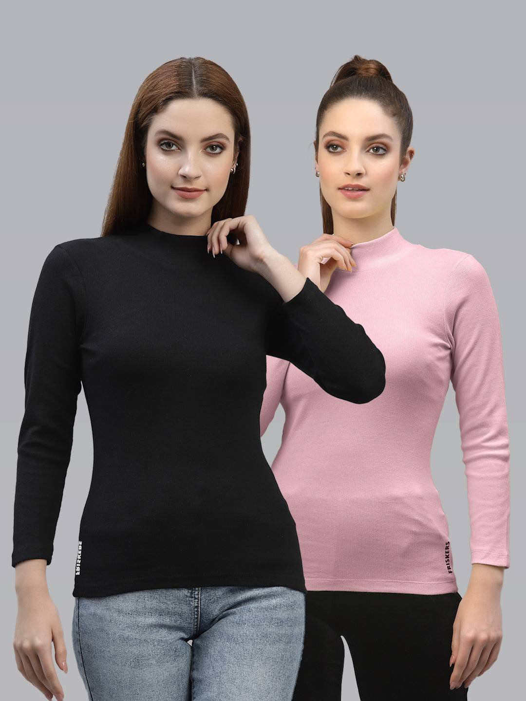 Women Pack Of 2 High Neck Full Sleeves Fitted Cotton Top - Friskers