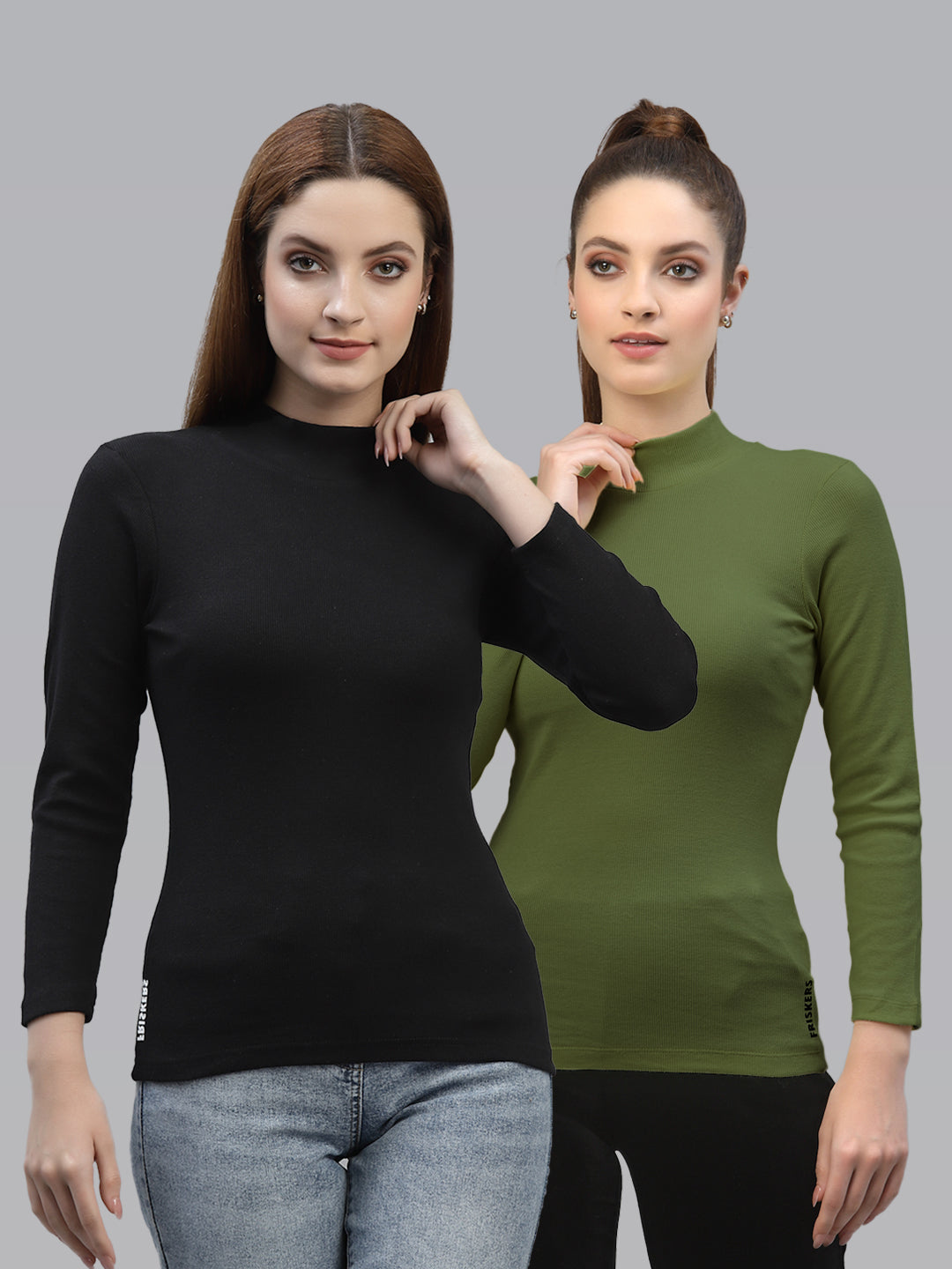 Women Pack Of 2 High Neck Full Sleeves Fitted Cotton Top - Friskers