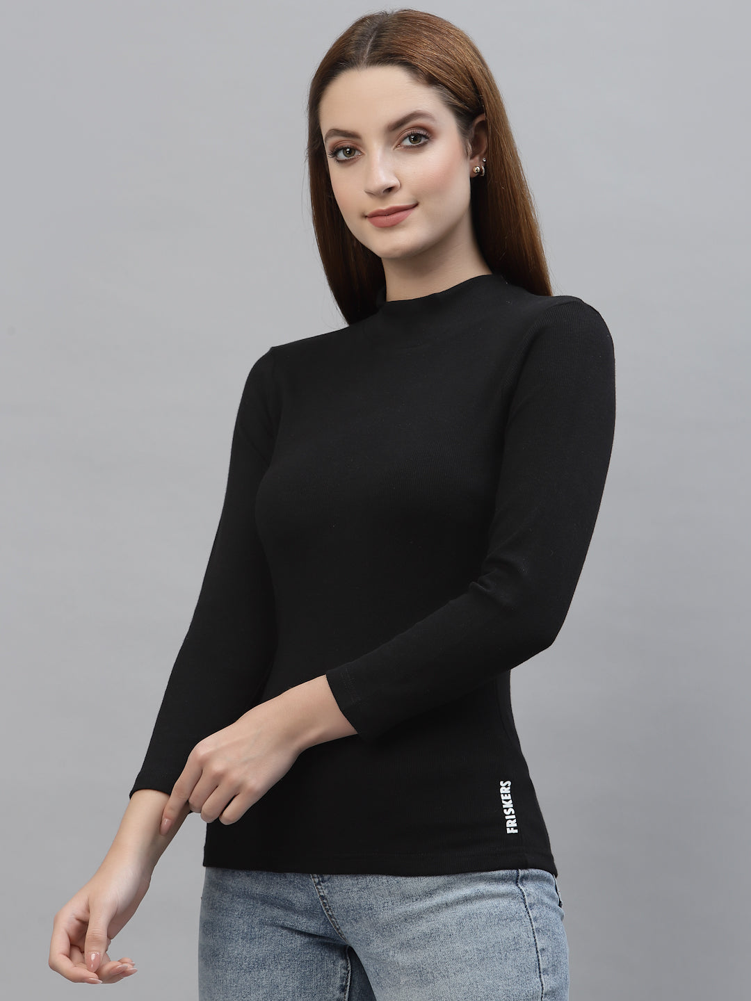Women Solid Turtle Neck Full Sleeve Top - Friskers