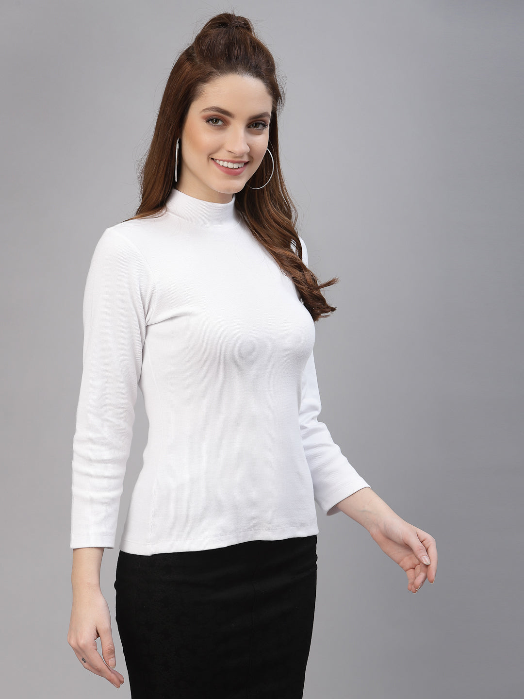 Women Solid Turtle Neck Full Sleeve Top - Friskers