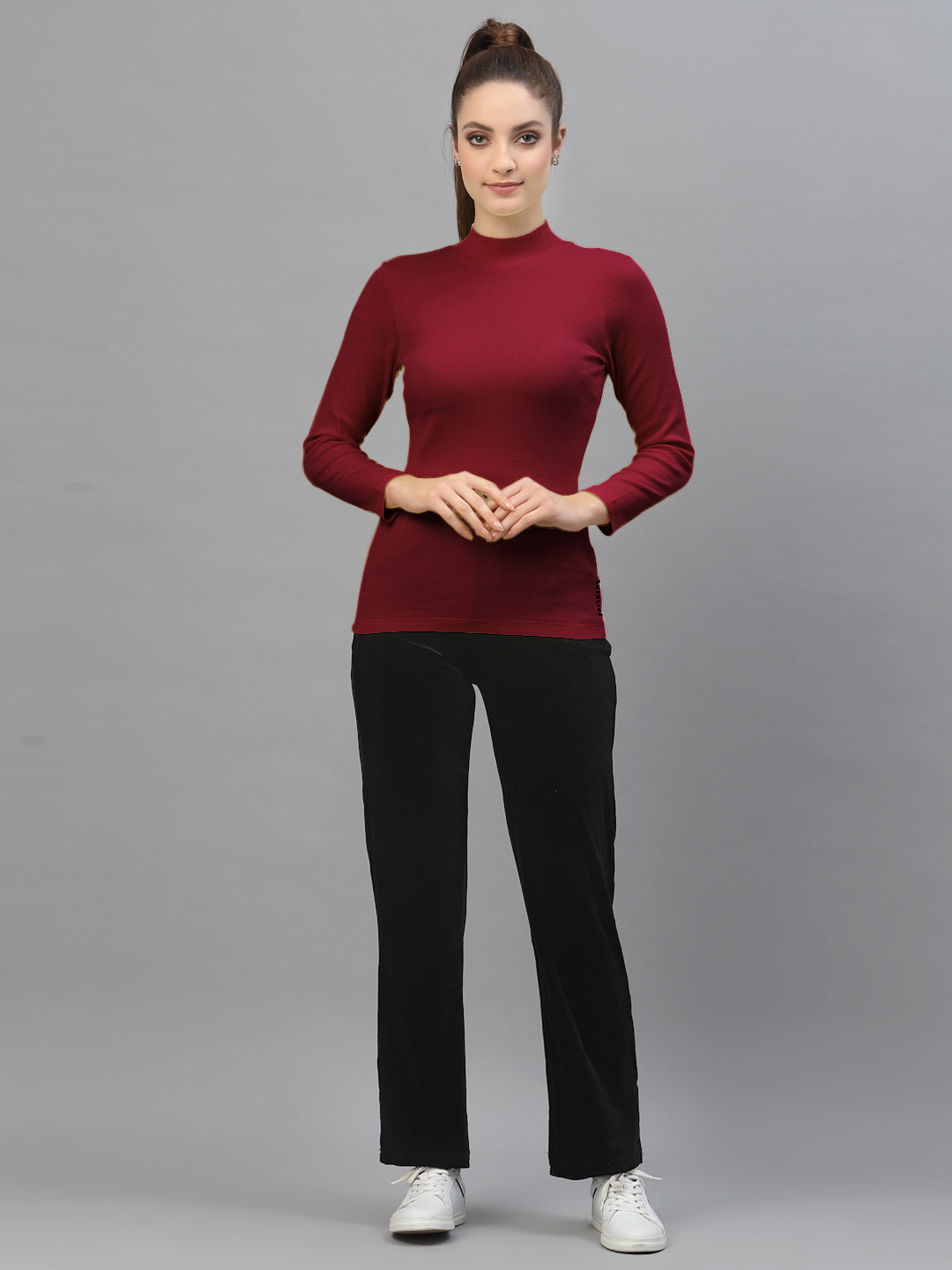 Women Solid Turtle Neck Full Sleeve Top - Friskers
