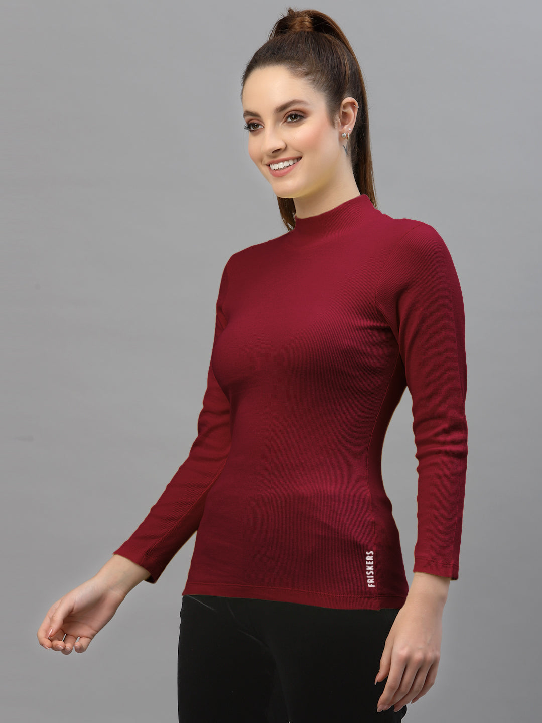 Women Solid Turtle Neck Full Sleeve Top - Friskers