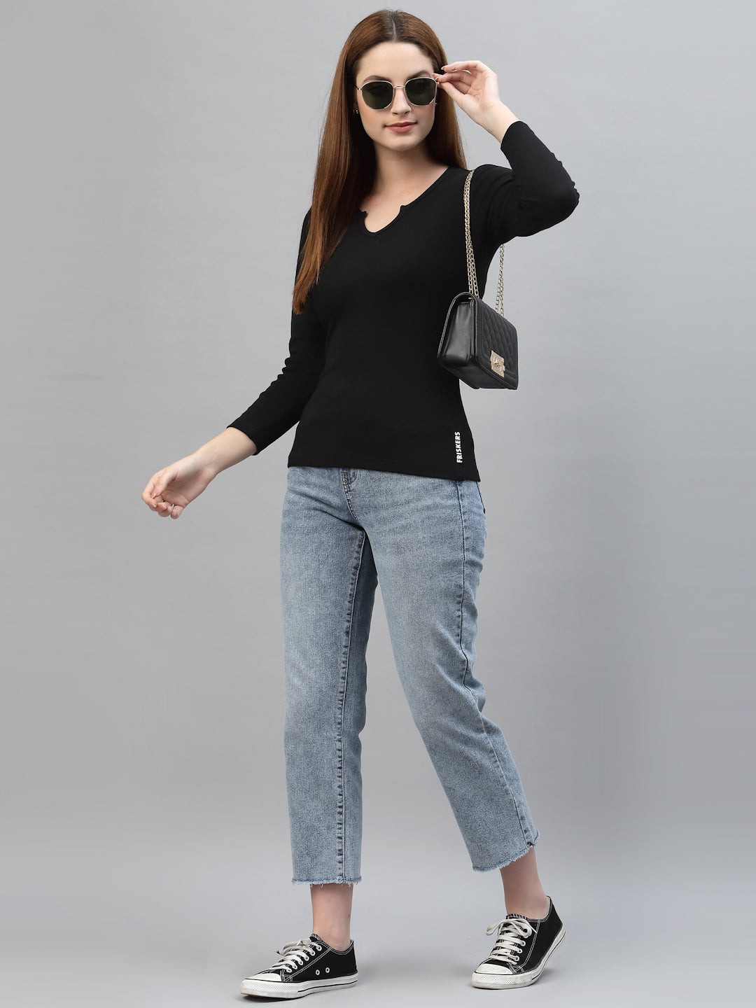 Women's Low Cut V-Neck Ruffled Long Sleeve Top - Friskers