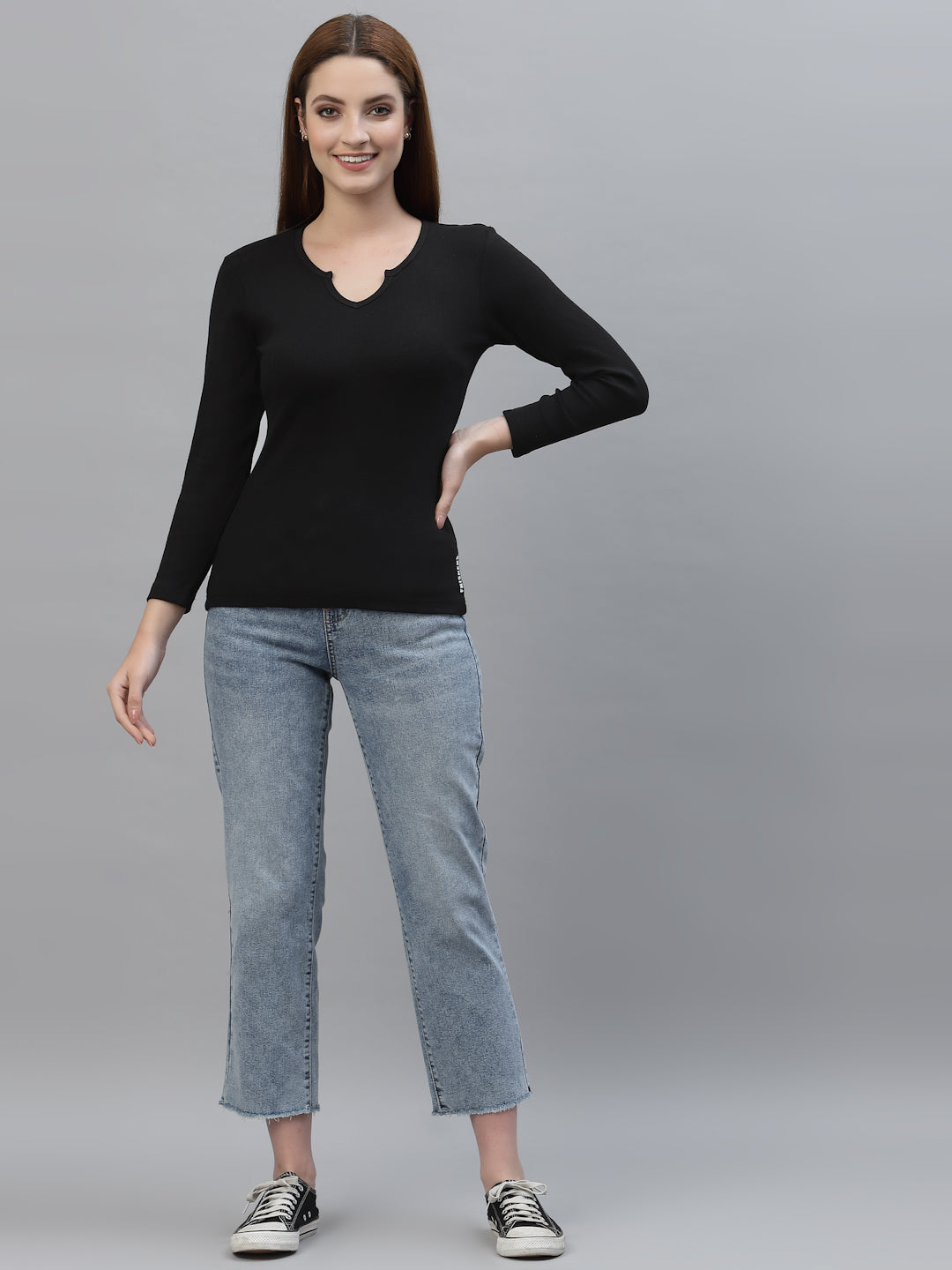 Women's Low Cut V-Neck Ruffled Long Sleeve Top - Friskers