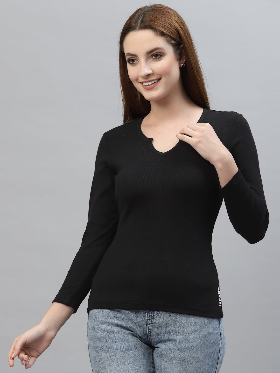 Women's Low Cut V-Neck Ruffled Long Sleeve Top - Friskers