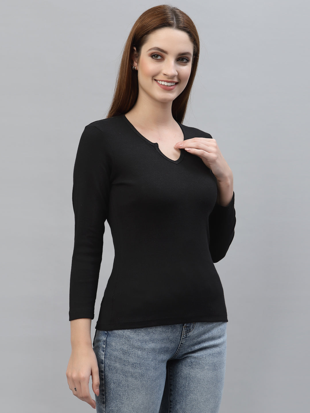 Women's Low Cut V-Neck Ruffled Long Sleeve Top - Friskers