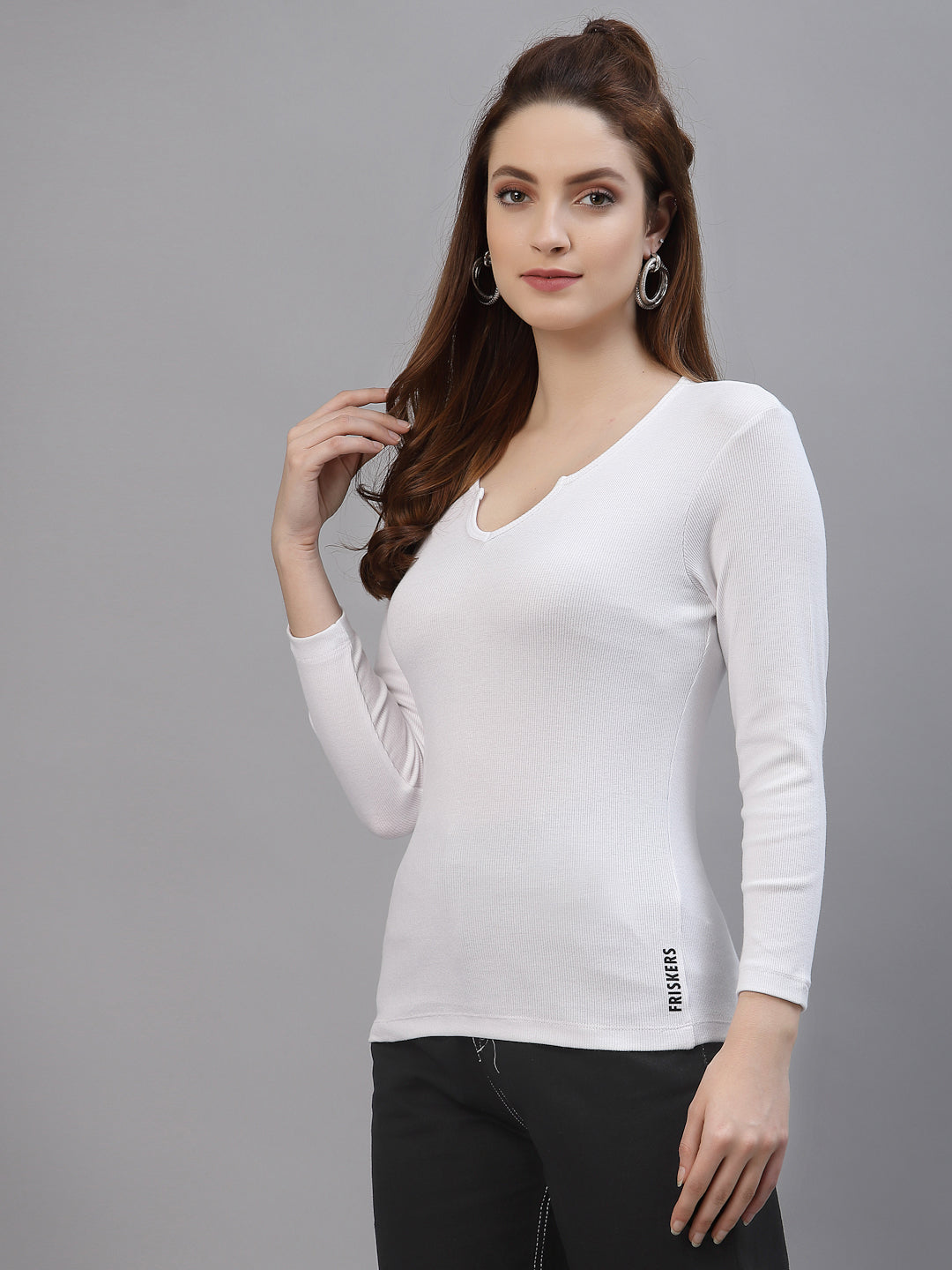 Women's Low Cut V-Neck Ruffled Long Sleeve Top - Friskers