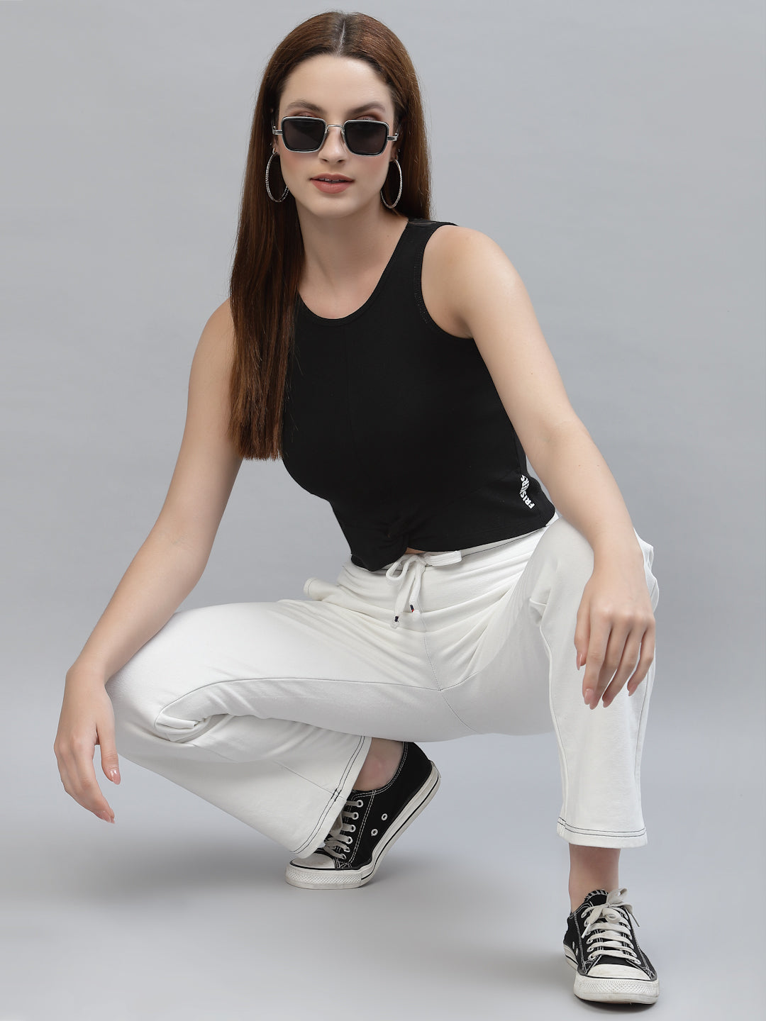 Women Round Neck Solid Sleeveless High-Low Crop Top - Friskers