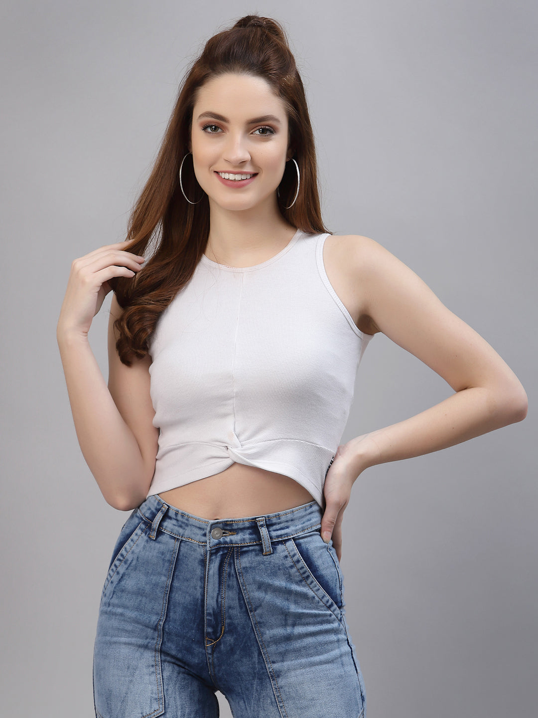 Women Round Neck Solid Sleeveless High-Low Crop Top - Friskers