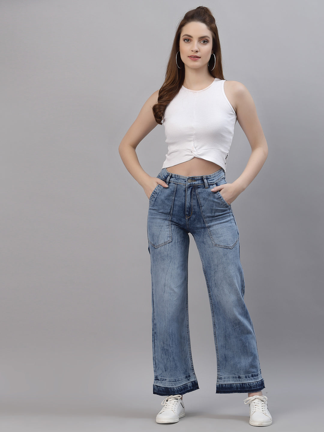 Women Round Neck Solid Sleeveless High-Low Crop Top - Friskers